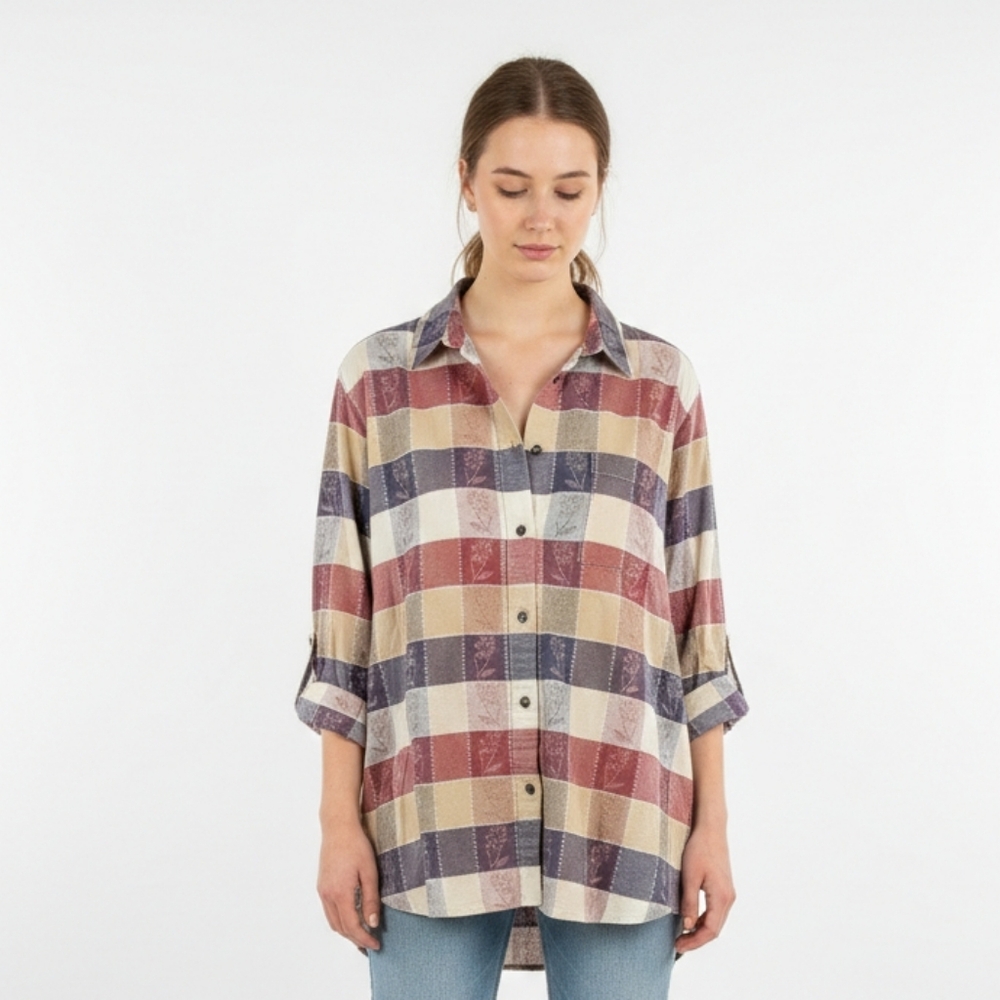 Alfred Dunner Blouse Patchwork Button Up Floral Boho Cottage Casual Purple 20W